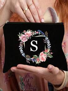 1 túi đựng mỹ phẩm in họa tiết chữ cái thiết kế, túi đựng mỹ phẩm cho nữ, ví, túi đựng đồ vệ sinh cá nhân có họa tiết tên viết tắt, túi đựng đồ vệ sinh cá nhân cho tiệc cưới, ví điện thoại di động có khóa kéo, túi đựng bút chì, túi đựng mỹ phẩm, túi xách tay, túi đựng đồ vệ sinh cá nhân cho phù dâu, hộp đựng mỹ phẩm, túi quà tặng cho bạn nữ, quà lưu niệm khi đi du lịch, phong cách Boho, cho bãi biển ngày lễ, bộ sưu tập phòng tắm, bộ sưu tập phòng ngủ, dung tích lớn - màu đen - Xem 4