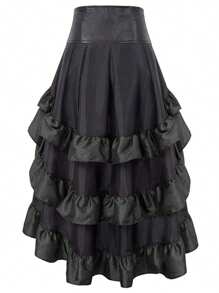 Falda steampunk para mujer con volantes escalonados, falda alta y baja, ropa victoriana y medieval, disfraz gótico de Halloween - Negro - Ver 2
