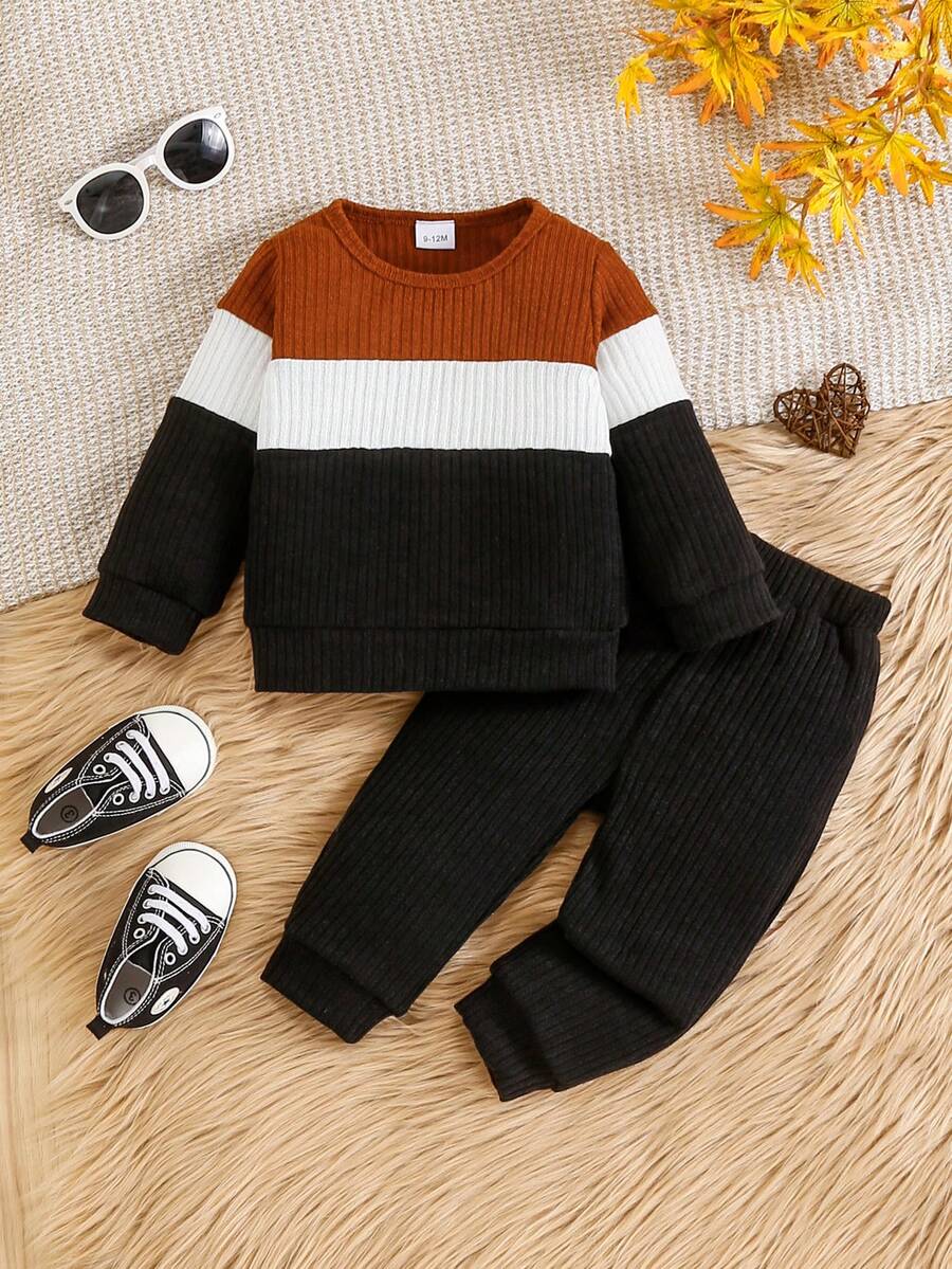 2 件套男婴圆领拼色长袖上衣和休闲裤 - 黑色 - 查看 1