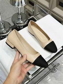 Tacones bajos gruesos para mujer, zapatos de estilo elegante y versátil de "viejo dinero" francés casual de tacón bajo, zapatos planos con bloques de color - Albaricoque - Ver 12