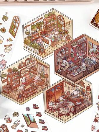 1pc/Set Korean 3D Diorama Miniature Decorative Stickers, "Open For Business" Series Including 8 Designs: Flower Shop, Cafe, Bakery, Library, Park, Sushi Restaurant, Inn, Bread Shop,School Supplies,Back To School