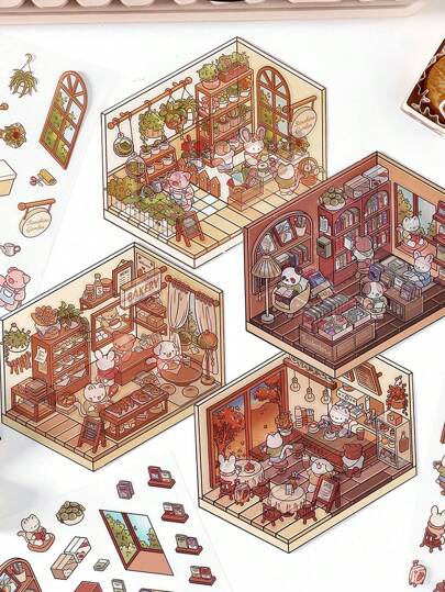 1 套韩国 3D 立体模型装饰贴纸，“营业中”系列包括 8 种设计：花店、咖啡厅、面包店、图书馆、公园、寿司店、旅馆、面包店、学校用品、返校