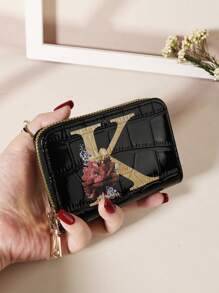 Cartera organizadora de tarjetas con cremallera alrededor, estampado de flores y hojas en acuarela, letras del alfabeto con relieve de piedra y estampado de cocodrilo, de múltiples capas, portátil y minimalista, ideal como regalo de aniversario, cumpleaños, para pareja, niña, mujer, para llevar a la escuela, universidad o como complemento de moda - Negro - Ver 19