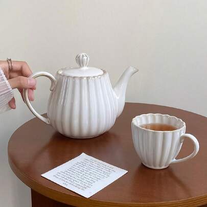 1 件白色贝壳陶瓷茶壶，极简奢华贝壳纹理茶杯，适用于冲泡花茶、红茶、下午茶、咖啡，适用于咖啡厅下午茶套装、家用茶具、下午茶甜点、茶饮具、礼品、家居装饰、户外、露营、母亲节礼物