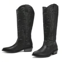 PENNYSUE Women Cowboy Boots Mid Calf Cowgirl Boots Embroidered Western Pointed Toe Chunky Heel Pull On Knee High Boots - màu đen - Xem 1
