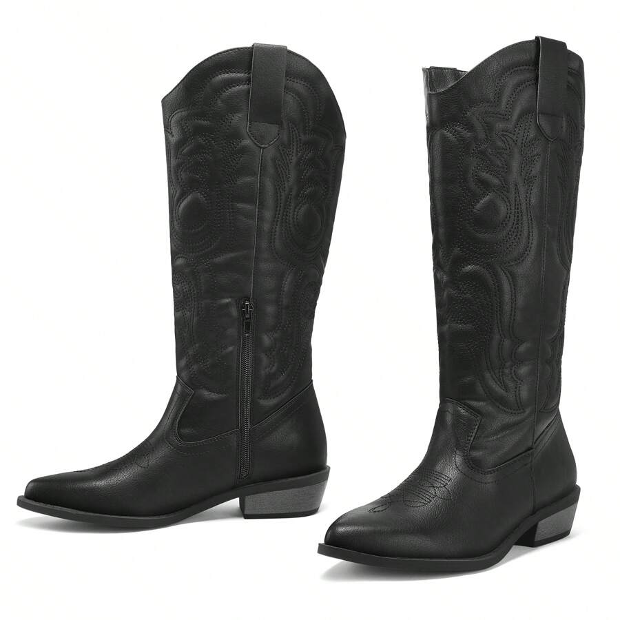 PENNYSUE Women Cowboy Boots Mid Calf Cowgirl Boots Embroidered Western Pointed Toe Chunky Heel Pull On Knee High Boots - màu đen - Xem 1