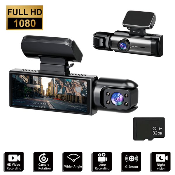 Registratore di guida con doppia fotocamera 1080P, doppia registrazione anteriore e posteriore, con funzione di visione notturna a infrarossi, registrazione in loop, registratore di guida grandangolare con schermo IPS da 3,16 pollici, videocamera sul cruscotto con doppia lente, scheda 32G opzionale.