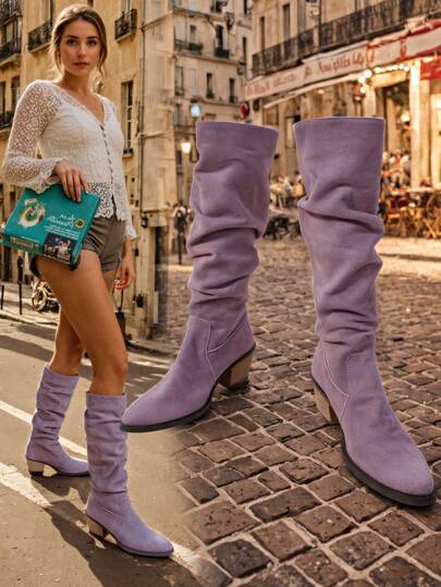 Women's Solid Color Faux Suede & Leather Knee High Boots, Chunky Heel High Heel Slip On Pleated Pointed Toe Mid-Calf Boots With Plush Lining, For Winter