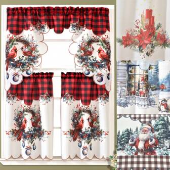 1 套（3 件/套）涤纶竹布窗帘，短帘，半帘，厨房窗帘，咖啡厅窗帘，无需钻孔，窗户装饰，小鸟，蜡烛，花朵，雪人印花，厨房、家居、浴室、客厅、卧室、别墅、婚礼派对装饰必备