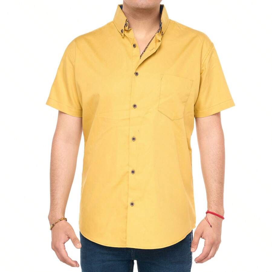 camisa hombre casual manga corta amarillo con detalle en el cuello - Mostaza Amarilla - Ver 1