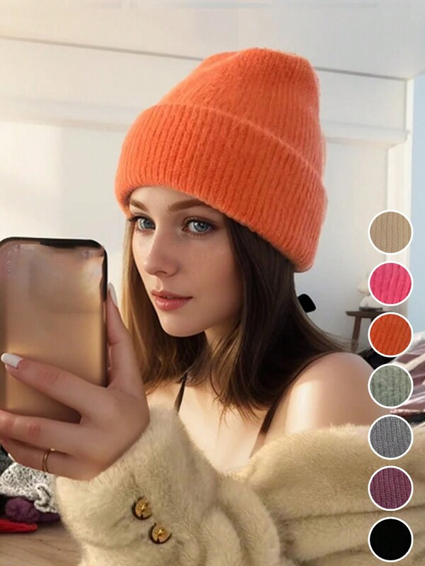 1 pieza Gorro de invierno de unicolor con diseño rizado y adorable, gorro de esquí suave y cálido para mujer para uso en exteriores durante el invierno. Gorro de punto liso y casual tipo calavera, gorro de felpa unisex.