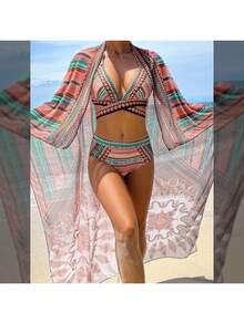 Traje De Baño Bikini Con Estampado Integral Y Manta De Playa - B - Ver 2
