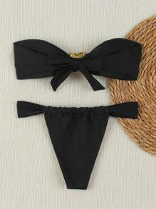 New Sexy Elegant Solid Black Strapless Bikini Swimsuit For Women, Suitable For Beach, Holiday, Party, Date, Spring/Summer - Black - View 2