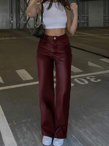 女士高腰亮面PU皮革阔腿裤，哑光涂层，时尚百搭，适合派对、通勤、音乐节、度假等场合，休闲直筒裤，春夏服装，畅销款，Y2K风格，适合派对、通勤、假日、节日、户外活动等场合，春夏穿着，适合高个女性，搭配单品，黑色，长裤