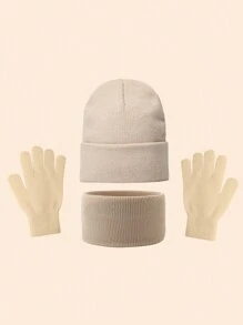 3 件套儿童纯色针织帽 + 围巾 + 手套套装（3 件套），男女通用滑雪帽，Y2K 风格户外防寒休闲冬季保暖帽，适合日常佩戴 - 針織帽+圍脖+手套 - 查看 7