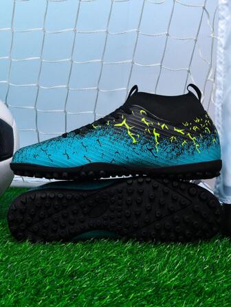 1 双高帮足球/足球钉鞋，成人和青少年户外团队运动训练鞋，防滑橡胶鞋底，人造草皮，皮革材质，轻便，高性能，系带设计