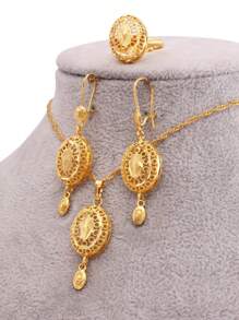 非洲镀金首饰套装 - 项链、吊坠、耳环、戒指，适合女性，法式迪拜派对、新娘、婚礼、妻子礼物