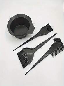 4 件套染发套装 - 染发碗，配有梳子、染发刷，适合沙龙使用 - 黑色 - 查看 4