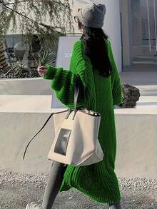 Plus Size Women Long Sleeve V-Neck Pocket Ribbed Knit Cardigan Sweater, Winter - Green - View 2