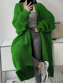 Plus Size Women Long Sleeve V-Neck Pocket Ribbed Knit Cardigan Sweater, Winter - Green - View 3