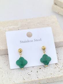 2pcs Flower Natural Stone Women 18K Gold Plated Stainless Steel Thick Stud Earrings, 4 Petal Floral Design Valentines