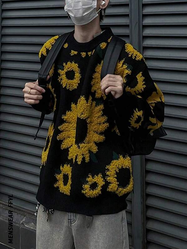 Herren Vintage Sonnenblumen Flockenmuster Jacquard Loose Fit Strickpullover, gestreifter Streetstyle für Herbst/Winter