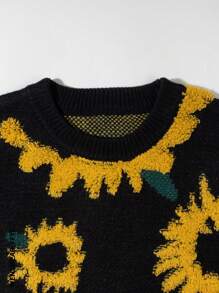 Pull tricoté ample à motif jacquard floqué tournesol rétro pour hommes, style de haute rue, automne/hiver