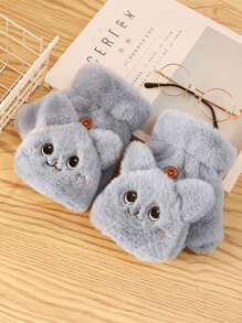 1双可爱兔子半指翻盖手套，冬季毛绒保暖卡通防寒，适合学生写字、键盘打字和日常使用