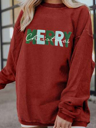 MERRY Christmas Slogan Embroidered Graphic Drop Shoulder Round Neck Sweatshirt