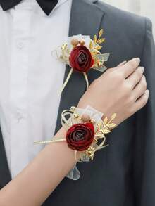 6 件套优雅玫瑰花配金叶，高端腕花组合适合婚礼装饰、正式派对、周年纪念 - A - 查看 12