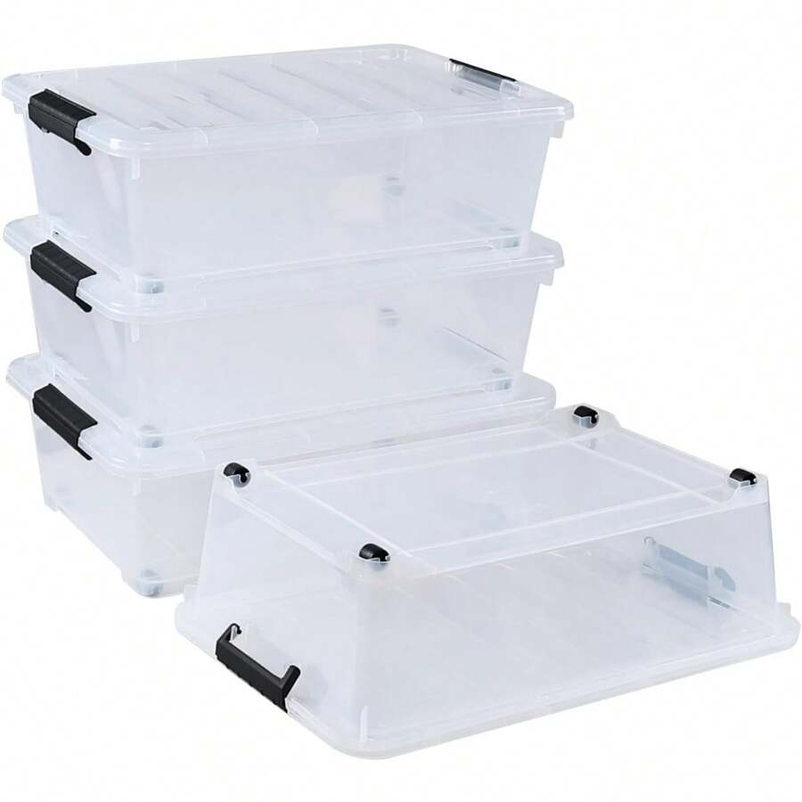 20 Quart Stackable Plastic Under Bed Bins With Lid, Set Of 4 Clear