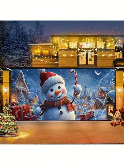 1 pieza Banner de decoración para puerta de garaje a prueba de agua con muñeco de nieve navideño - Gran decoración exterior a prueba de agua, perfecta para fondo de fiesta y celebraciones festivas, decoración de otoño para exteriores, decoración del hogar, decoración de habitaciones, banderas para habitación, decoración navideña, tapiz, decoraciones navideñas, tapiz de pared