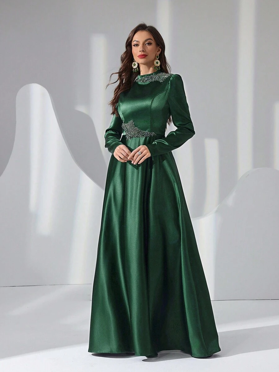 Vestido largo de cena de mujer de cintura alta con mangas largas, cuello medio y flores de cuentas, vestido elegante formal para invitada de boda, graduación