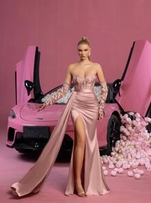 Faeriesty Elegant Strapless Corset Evening Gown With High Slit & Detachable Opera Gloves – Flattering Silhouette, Asymmetrical Side Draping For Red-Carpet Galas, Black-Tie Weddings, Luxury Anniversary Parties, Formal Charity Events,Party Dress,Wedding Guest - Dusty Pink - View 8