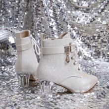 Fashionable Chunky Heel Women Booties With Sequin Decor, Comfortable And Versatile - Beige - View 4