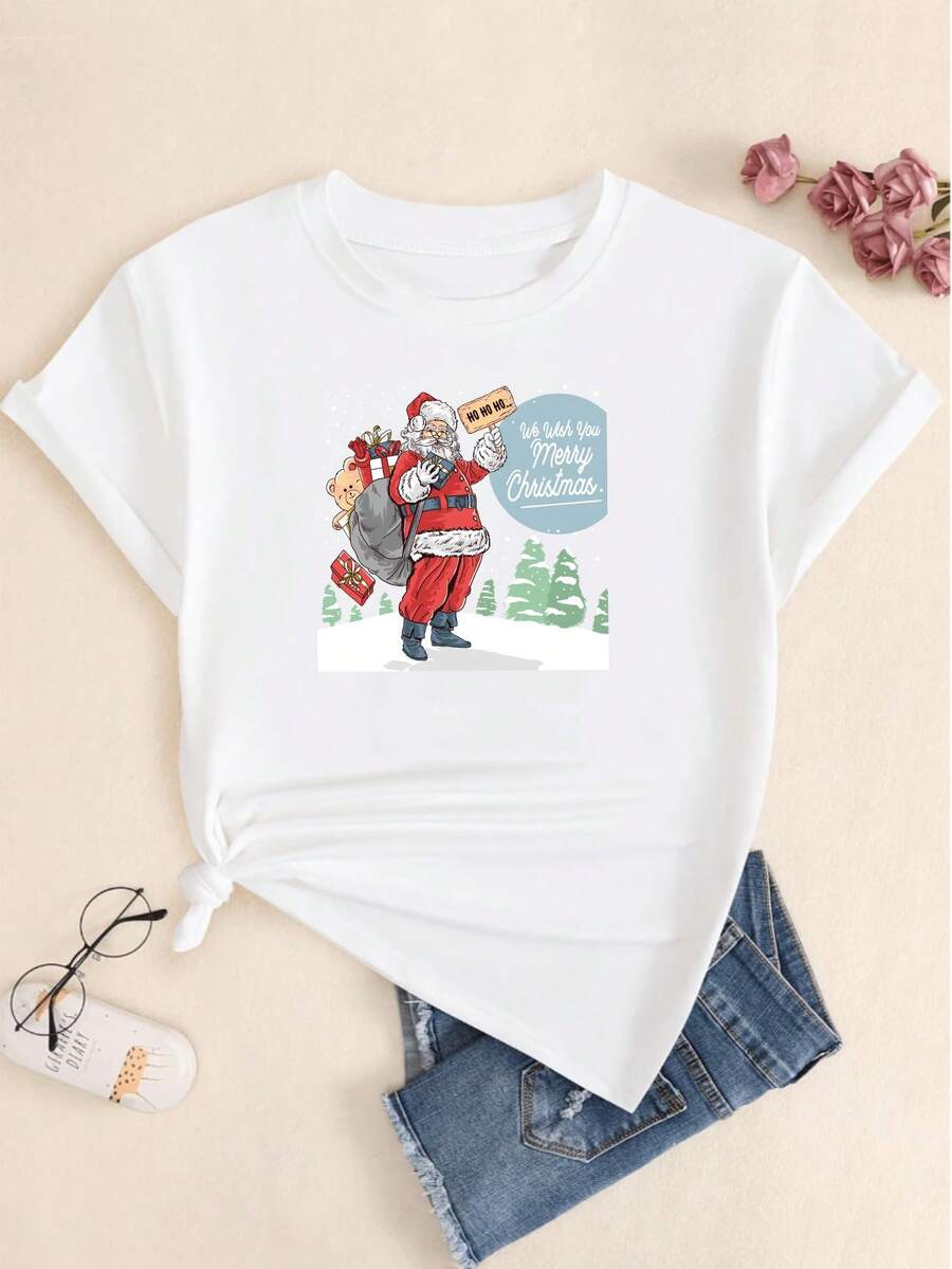 Women's Santa Claus With Christmas Gift Printed T-Shirt Cotton Comfort Casual Streetwear Short Sleeve - 白色的 - 查看 1