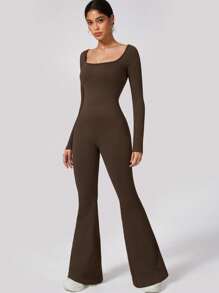 女式长袖无缝喇叭裤连体裤，高弹力罗纹腰提臀舞蹈服，适合户外运动 - 咖啡棕 - 查看 8