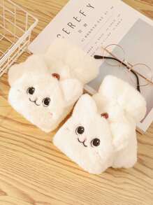 1双可爱兔子半指翻盖手套，冬季毛绒保暖卡通防寒，适合学生写字、键盘打字和日常使用