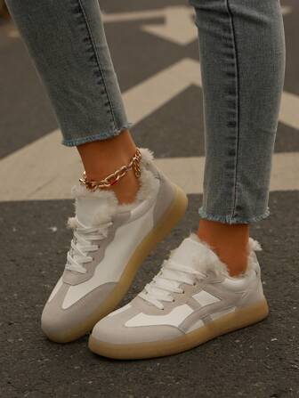 Women's Fashionable New Fashion Warm Fleece Sport Shoes, High Quality Insulation Material Color Block Design, Modern Aesthetic, Breathable, Non-Slip Sole, Lace-Up Casual Running Sneakers