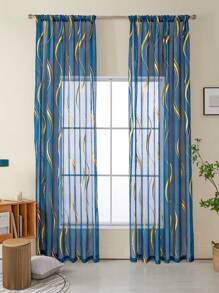 1pc Contemporary Metal Wave Pattern One-Sided Black Foil Sheer Curtain - Royal Blue - View 1