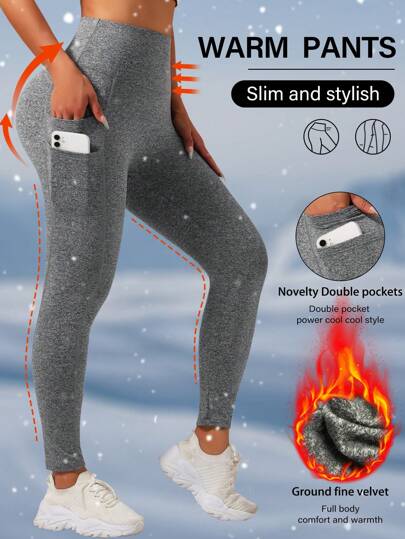 1pc Floral Gray Autumn/Winter Thermal Lined Warm Tummy Control Yoga Leggings, With 4 Pockets On Sides And Double-Layer Waistband For Slimming