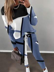 Zestaw 2 szt.: Koszulka z nadrukiem w bloki kolorów, z okrągłym dekoltem i długim rękawem oraz spodnie ze ściągaczem w pasie, swobodny strój wypoczynkowy lub odzież uliczna, jesień/zima