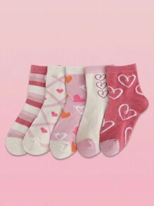 5 双可爱女孩袜子，粉色爱心设计，百搭中筒袜，适合 0-14 岁 - 粉色 - 查看 8
