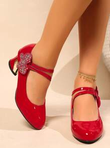 Novos Sapatos de Cano Baixo para Mulheres, Primavera/Outono 2025, Mocassins de Moda Versáteis de Salto Grosso Preto e Vermelho, Com Fecho de Gancho e Laço, Strass, Decoração de Borboleta, Sapatos para Trabalho e Escritório, Plus Size