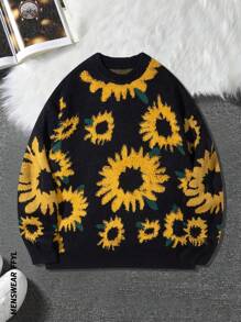 Pull tricoté ample à motif jacquard floqué tournesol rétro pour hommes, style de haute rue, automne/hiver
