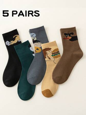 5 Pairs Unisex Cartoon Animal Print Crew Socks, Mix Of Dark & Light Colors - Dog, Cat, Hamburger, Lion Design, Suitable For Casual, Party, Street Wear In Spring, Autumn, Winter