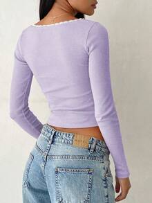 Contrast Lace Long Sleeve Knit Crew Neck Fitted T-Shirt - Mauve Purple - View 2