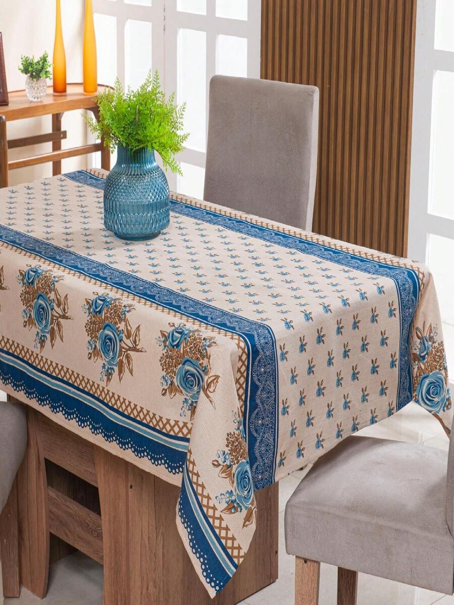 Linen Tablecloth 1.50m X 1.40m 4 Places Printed - Flores Azul - Xem 1