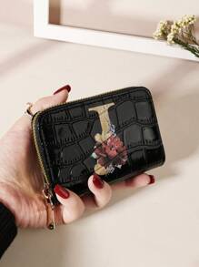 Cartera organizadora de tarjetas con cremallera alrededor, estampado de flores y hojas en acuarela, letras del alfabeto con relieve de piedra y estampado de cocodrilo, de múltiples capas, portátil y minimalista, ideal como regalo de aniversario, cumpleaños, para pareja, niña, mujer, para llevar a la escuela, universidad o como complemento de moda - Negro - Ver 9