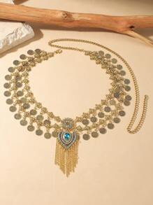 1pc Retro Exaggerated Distressed Metal Chain Crescent Disc & Tassel Waist Chain Body Jewelry, Bohemian Style High-End, Suitable For Women Party Dress And Occasion Wear